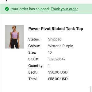 Lululemon power pivot tank, ribbed. Size 10.